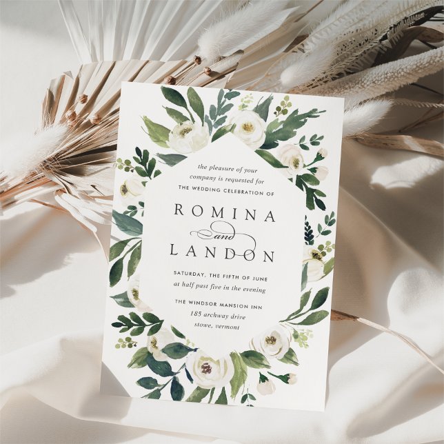 Invitation Peony blanc | Mariage de cadre fleuri géométrique (Créateur téléchargé)