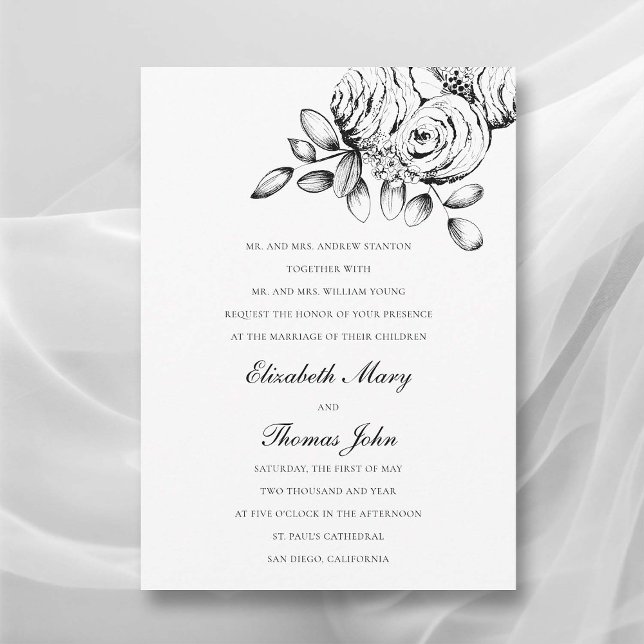 Invitation Peony Croquis noir blanc Formal Mariage classique (peony wedding invitation formal traditional parents name floral sketch black white classic romantic)