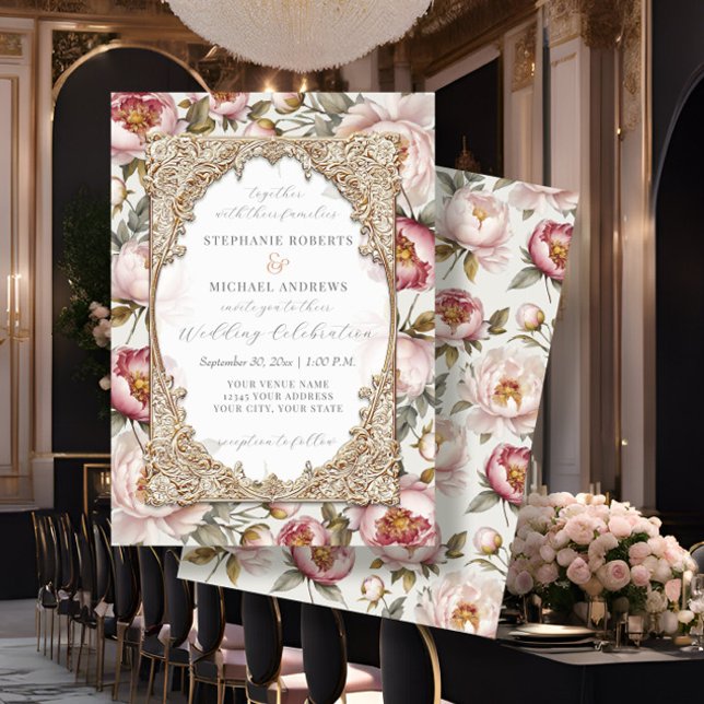 Invitation Peony Elegant Floral Gold avec Mariage rose et crè (Créateur téléchargé)