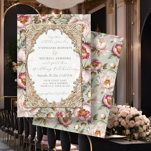 Invitation Peony Elegant Floral Gold avec rose et Mariage Sag