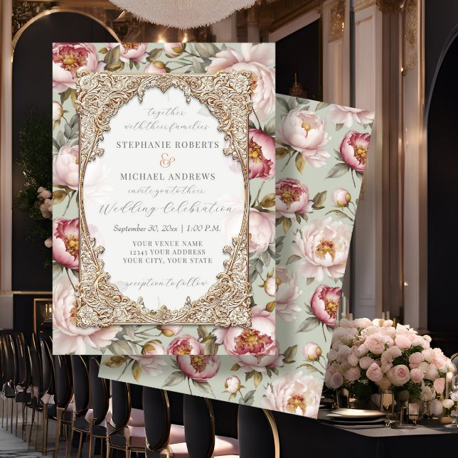Invitation Peony Elegant Floral Gold avec rose et Mariage Sag (Créateur téléchargé)