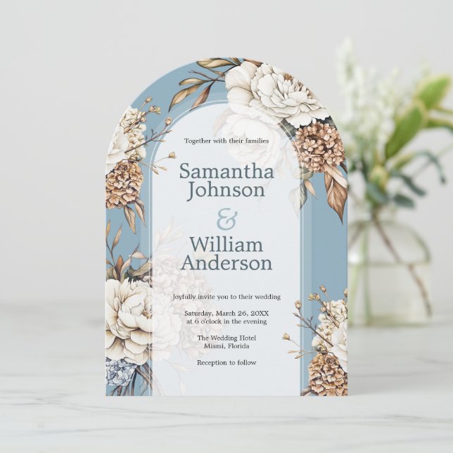 Invitation Peony et Hydrangea Mariage bleu Poudre (Debout devant)