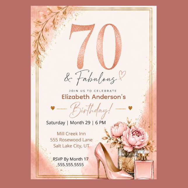 Invitation Peony et Parfum 70e Anniversaire Fabuleux (Elegant 70th birthday invitation with blush pink watercolor, rose gold glitter, and peony flowers,)