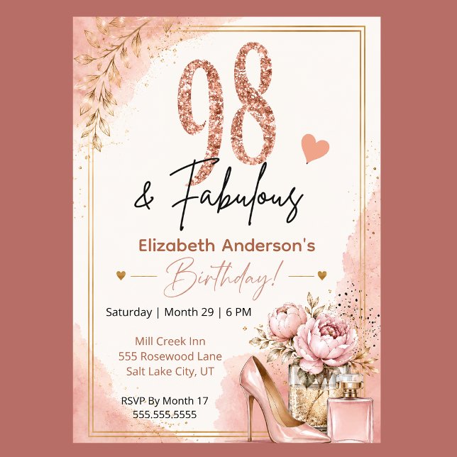 Invitation Peony et Parfum 98e Anniversaire Fabuloso (Blush pink rose gold 98 and Fabulous floral birthday invitation with feminine glam style
)