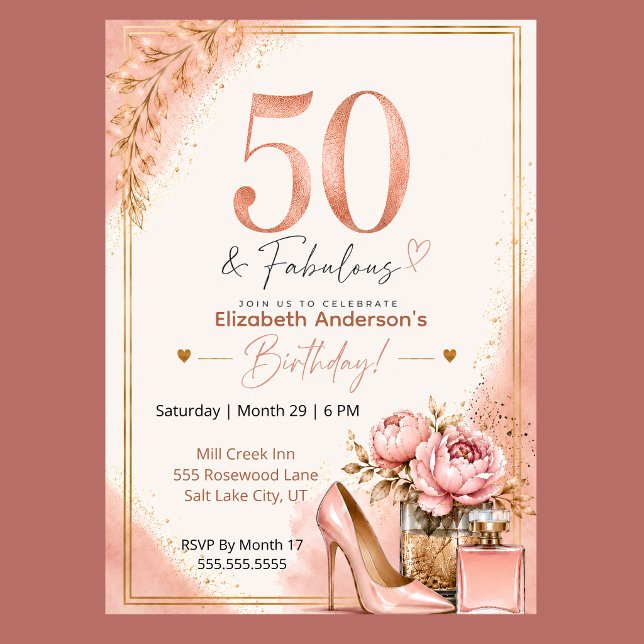 Invitation Peony et Parfum Fantastique 50e Anniversaire (Elegant 50th birthday invitation with blush pink watercolor, rose gold glitter, and peony flowers,)