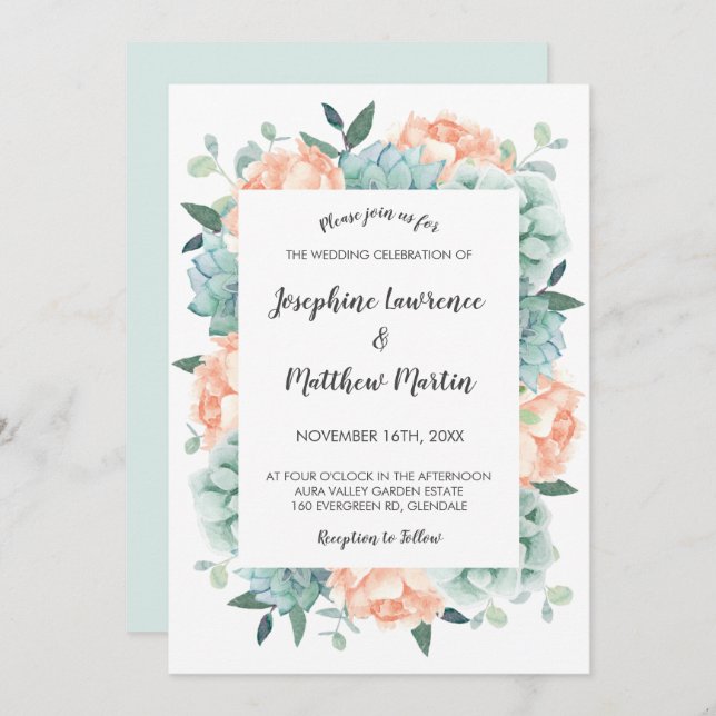 Invitation Peony et Succulents Aquarelle Floral Mariage (Devant / Derrière)