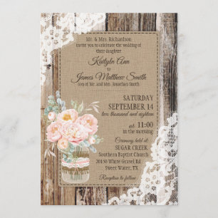Invitation Peony Floral Bouquet Bois dentelle Rustique Mariag