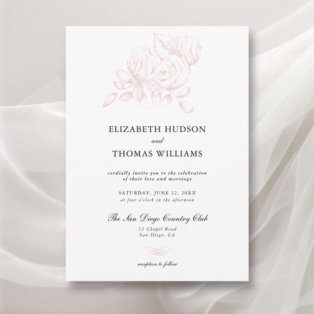 Invitation Peony Floral Croquis Formal Moderne Mariage classi (peony wedding invitation modern classic formal  floral sketch elegant romantic garden spring summer )