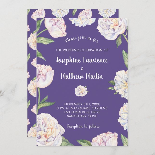 Invitation Peony Floral Violet Puple Wedding (Devant / Derrière)