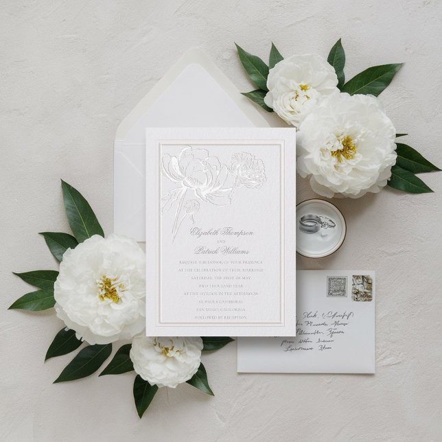 Invitation Peony Formal Classique Moderne Élégant Mariage ivo (faux embossed peony wedding invitation formal traditional ivory frame calligraphy modern classic)