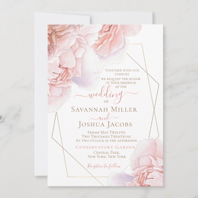 Invitation Peony mariage rousse pêche aquarelle floral (Devant)