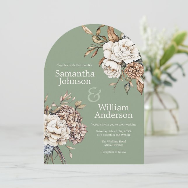 Invitation Peony moderne et Hydrangea Mariage vert olive (Debout devant)