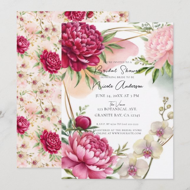 Invitation Peony & Orchid Garden Floral Glam Bridal Shower (Devant / Derrière)