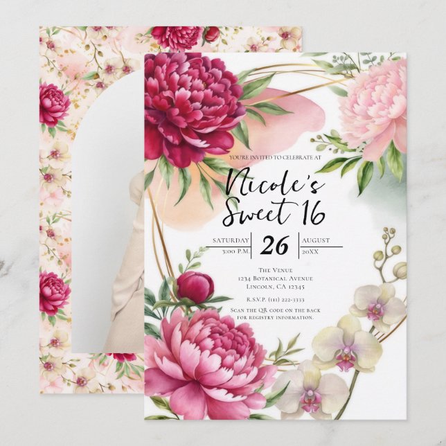 Invitation Peony & Orchid Garden Floral Glam Sweet 16 (Devant / Derrière)