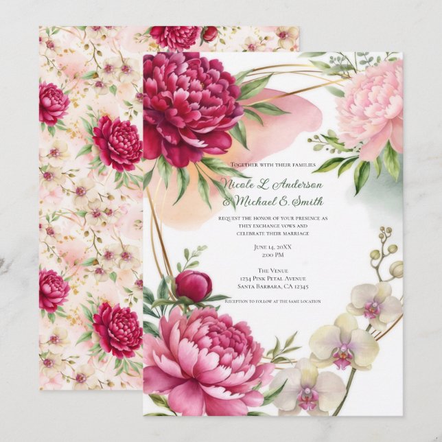 Invitation Peony & Orchid Garden Floral Glam Wedding  (Devant / Derrière)