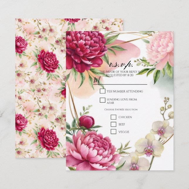 Invitation Peony & Orchid Garden Floral Glam Wedding R.S.V.P. (Devant / Derrière)