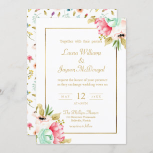 Invitation Peony Pastel Aquarelles Mariage de script Gold