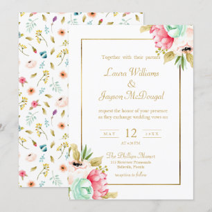 Invitation Peony Pastel Aquarelles Mariage de script or