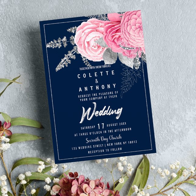Invitation Peony rose argent parties scintillant marine bleu  (Peony pink silver glitter navy blue floral Wedding )