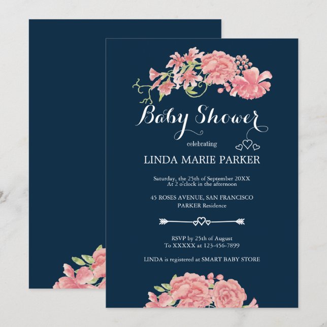 Invitation Peony rose bleu marine baby shower élégant floral (Devant / Derrière)