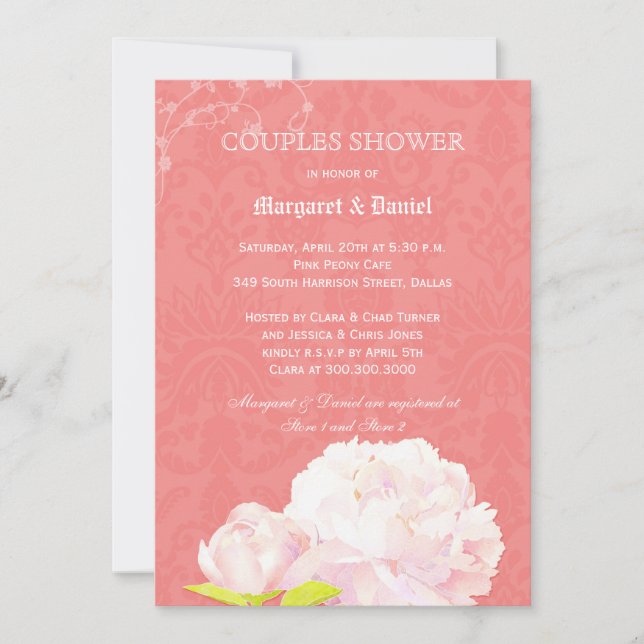 Invitation Peony rose Coral Mariage Couples Douche (Devant)