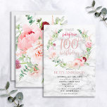 Invitation Peony rose Rose  Marbre d'or Surprise 100e<br><div class="desc">Mains bas ma conception préférée à ce jour, cette magnifique invitation d'anniversaire surprise présente LES plus beaux flores d'aquarelle que j'ai jamais vu - tellement réalistes qu'ils ressemblent à des photos ! Une couronne de pivoines roses et astilbe, dahlias, boules d'allium, branches d'eucalyptus, et un délicat chrysanthème bordeaux entourent un...</div>