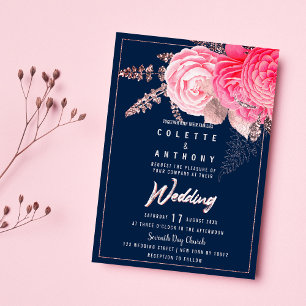 Invitation Peony rose rose rose or marine bleu floral Mariage