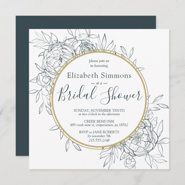 Invitation Peony Turquoise foncé Floral Fête des mariées en t (Devant / Derrière)