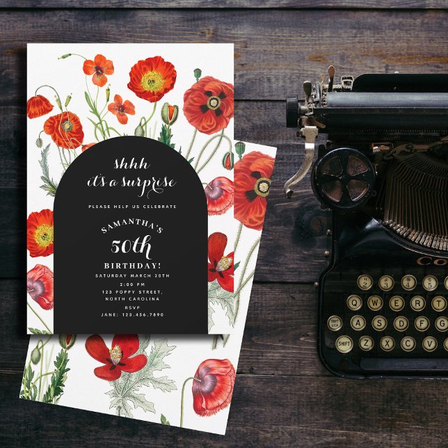 Invitation Pépites d'aquarelle rouge Florals Surprise Anniver (Red Watercolor Poppies Florals Surprise Birthday Invitation)