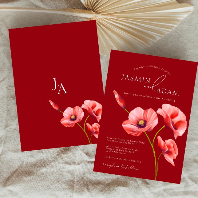 Invitation Pépites rouges Crimson Monogram Mariage (Crimson Red Poppies Monogram Wedding Invitation)