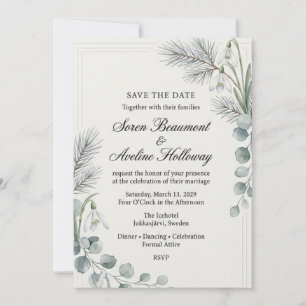 Invitation Perce-neige, aiguilles de pin, feuilles d'eucalypt