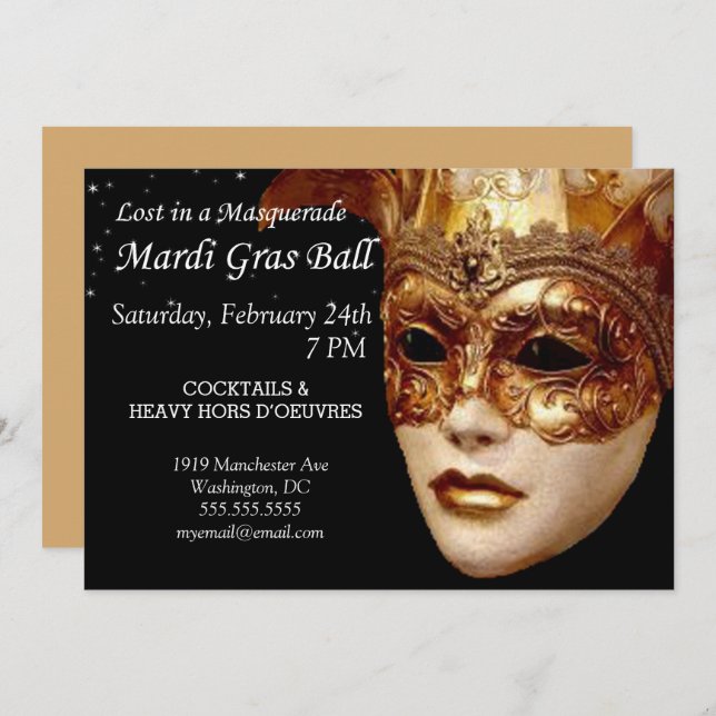 Invitation Perdu dans un bal masqué de Mardi Gras (Devant / Derrière)