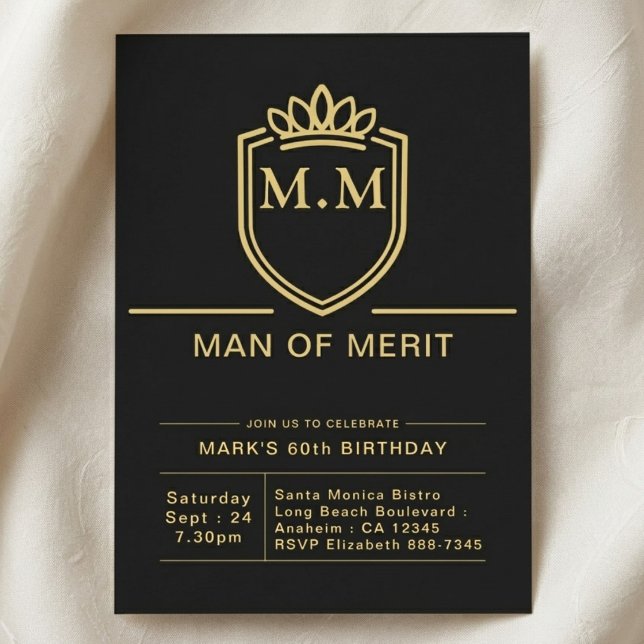 Invitation Père 60e Anniversaire 60 Ans Fête Noir Or (father 60th birthday invite on cloth background.)