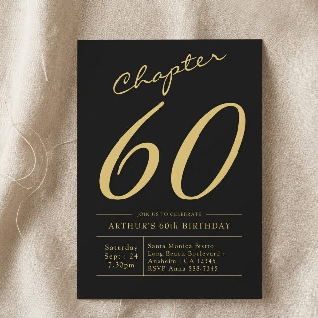 Invitation Père 60e Anniversaire 60 Ans Fête Noir Or (60th Birthday black and gold invitation. Light cloth background.)