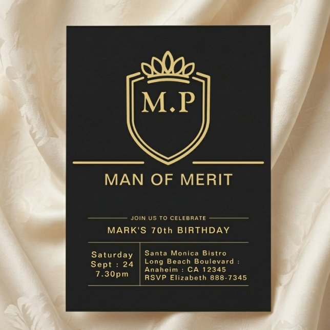 Invitation Père 70e Anniversaire 70 Ans Fête Noir Or (70th birthday black golf invite on cloth background.)
