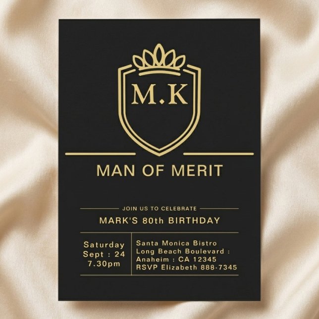 Invitation Père 80e Anniversaire 80 Ans Fête Noir Or (80th birthday invite black and gold on cloth background.)