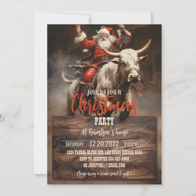 Invitation Père Noël à cheval sur un Bull (Devant)