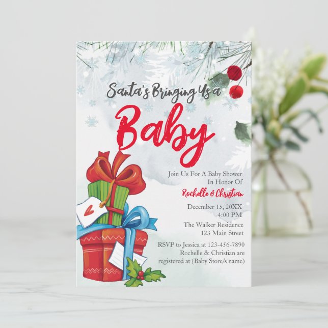 Invitation Père Noël Apporte-nous un cadeau de Noël pour bébé (Debout devant)