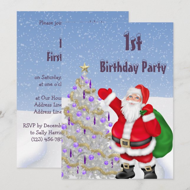 Invitation Père Noël & Arbre de Noël 1er Anniversaire (Devant / Derrière)
