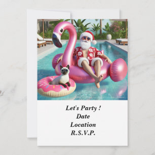 Invitation Père Noël avec chat Noël en juillet Pool Party
