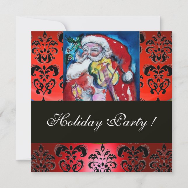 INVITATION PÈRE NOËL AVEC VIOLIN, ROUGE BLACK DAMASK MONOGRAM (Devant)