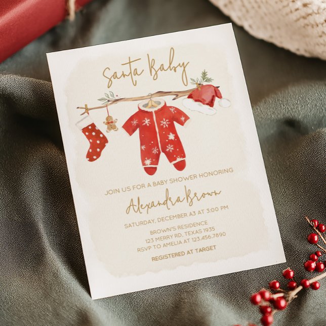 Invitation Père Noël Baby Christmas Baby shower (Santa Baby Clothesline Christmas Baby Shower Invitation)