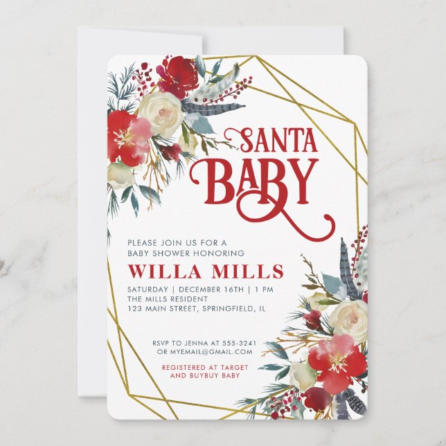 Invitation Père Noël Baby Christmas Red Greenery Baby shower  (Devant)