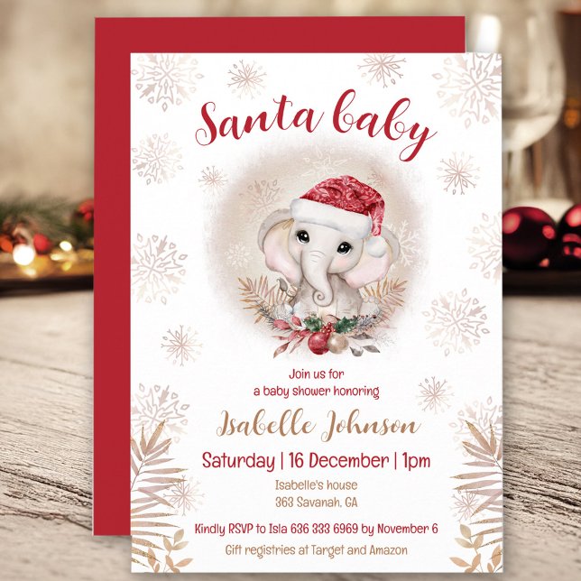 Invitation Père Noël Baby Elephant Girl Baby shower Invitatio (Santa Baby Elephant Girl Baby Shower Invitation)