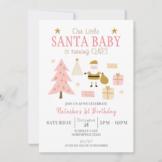 Invitation Père Noël Baby fait un tour, Fille fête d'annivers (Devant)