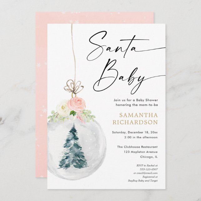 Invitation Père Noël Baby Pink or baby shower d'arbre de Noël (Devant / Derrière)