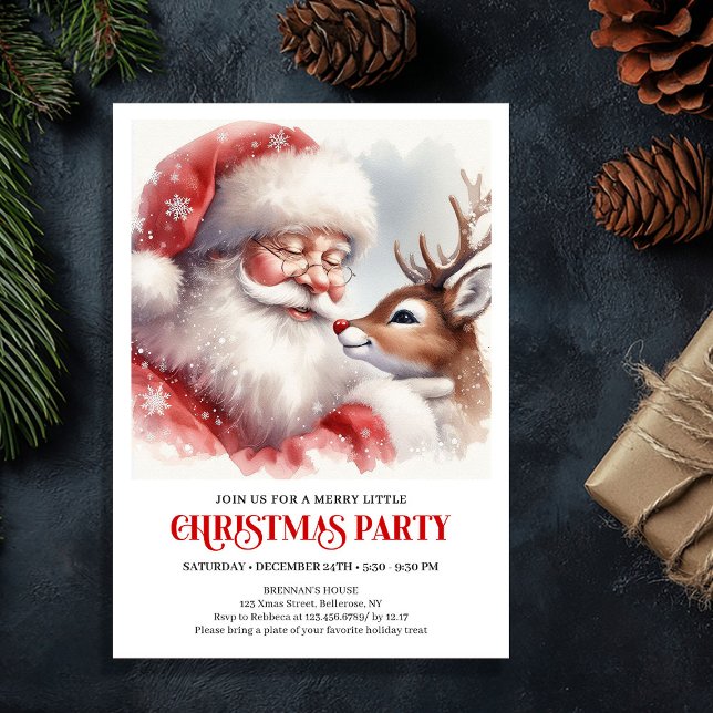 Invitation Père Noël classique Rudolph nuit de Noël   (Classic Santa Claus Rudolph Christmas Eve Night Party Invite

)