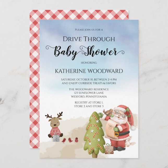 Invitation Père Noël de Noël | Baby shower Reindeer Drive Thr (Devant / Derrière)