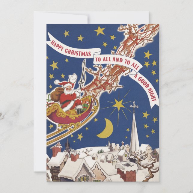 Invitation Père Noël de Noël vintage avec rennes volants (Devant)