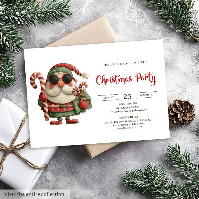 Invitation Père Noël drôle Classique Imprimable Rouge Vert Fê (Funny Santa Classic Printable Red Green Party Invite

)
